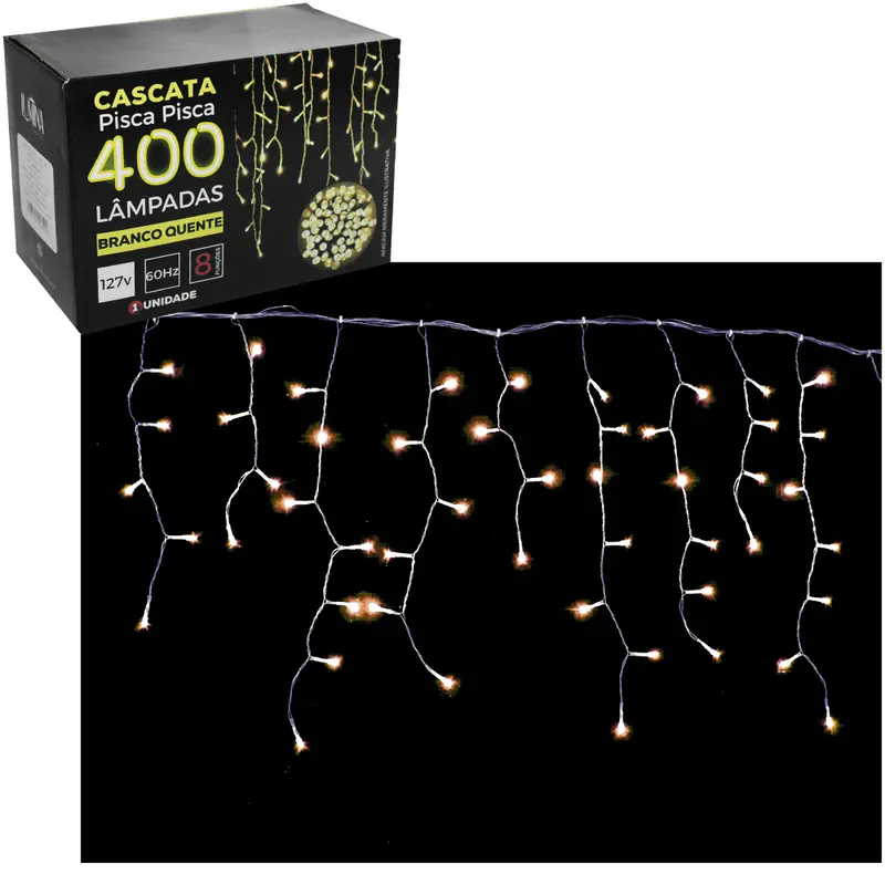 CASCATA 400 LEDS BRANCO QUENTE DE NATAL 127V 60HZ 8 FUNCOES 9,5M FIO TRANSPARENTE