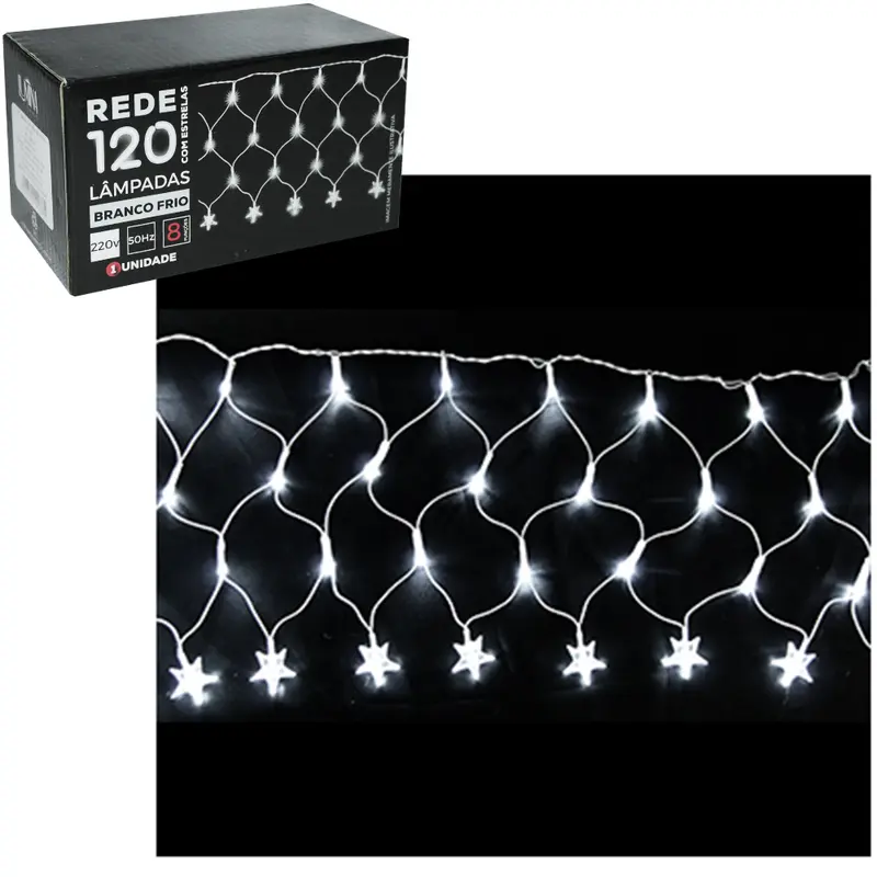 REDE 120 LEDS COM ESTRELAS BRANCO FRIO 220V 50HZ 8 FUNCOES FIO TRANSPARENTE DE NATAL 3MX30CM