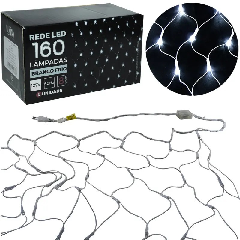 REDE 160 LEDS BRANCO FRIO 127V 2X1,1M 8 FUNCOES DE NATAL