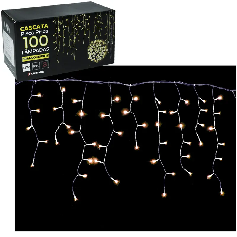 CASCATA 100 LEDS BRANCO QUENTE DE NATAL 127V 8 FUNCOES 2,25MX56CM