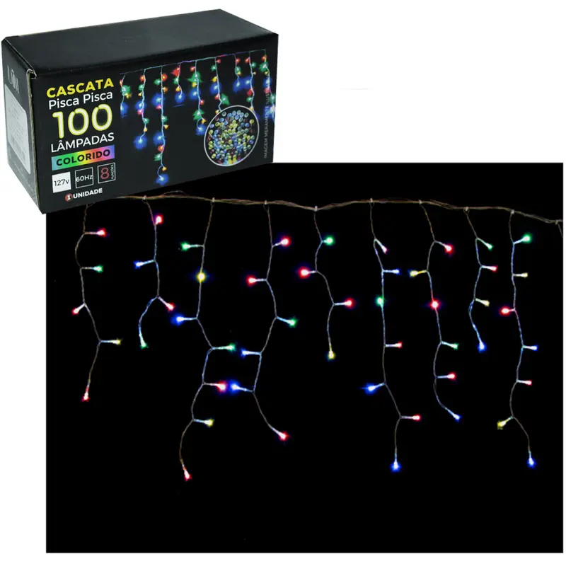CASCATA 100 LEDS COLORS DE NATAL 127V 60HZ 8 FUNCOES 2,25MX56CM FIO TRANSPARENTE