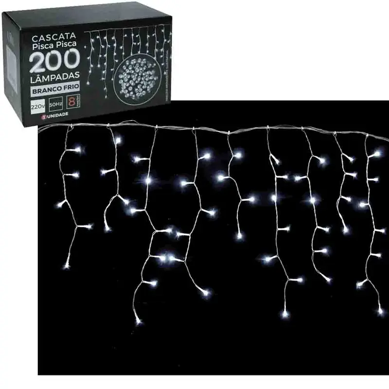 CASCATA 200 LEDS BRANCO FRIO DE NATAL 220V 50HZ 8 FUNCOES 4,5MX56CM FIO TRANSPARENTE