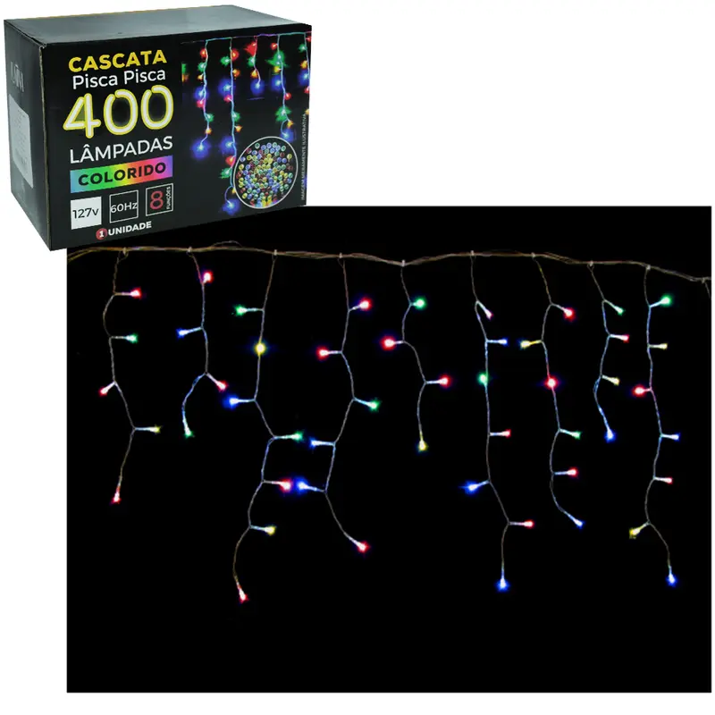 CASCATA 400 LEDS COLORS DE NATAL 127V 60HZ 8 FUNCOES 9,5M FIO TRANSPARENTE