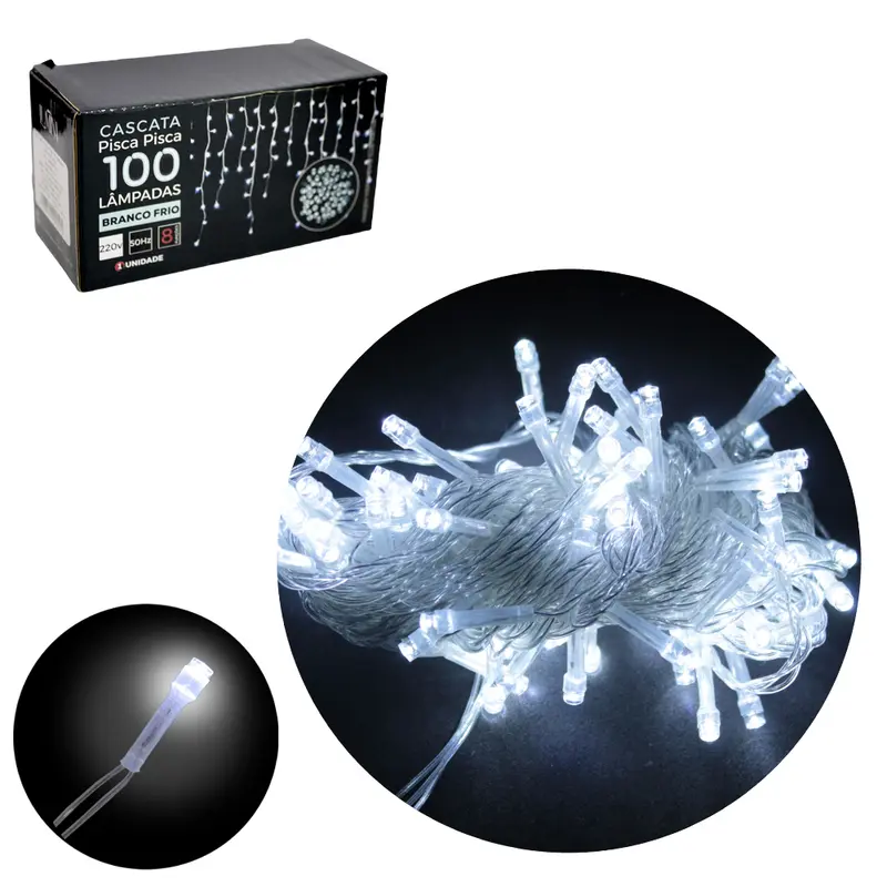 CASCATA 100 LEDS BRANCO FRIO DE NATAL 220V 50HZ 8 FUNCOES 1,9M FIO TRANSPARENTE