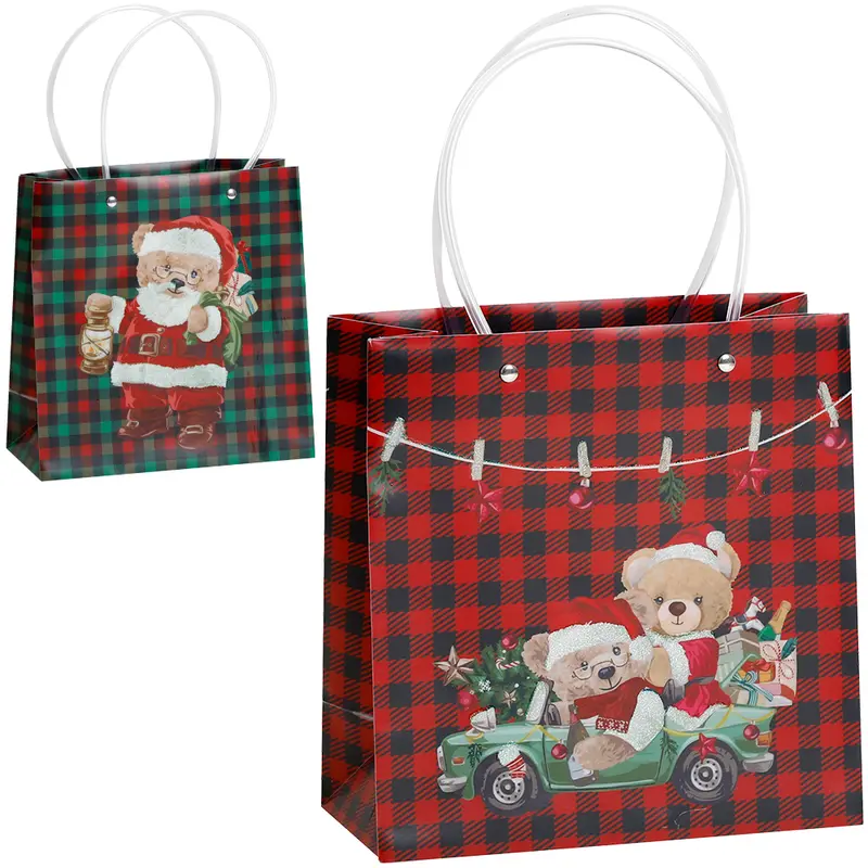 BOLSA SACOLA DE PLASTICO PP PARA PRESENTE XADREZ URSO NATALINO 21,5X22X10CM