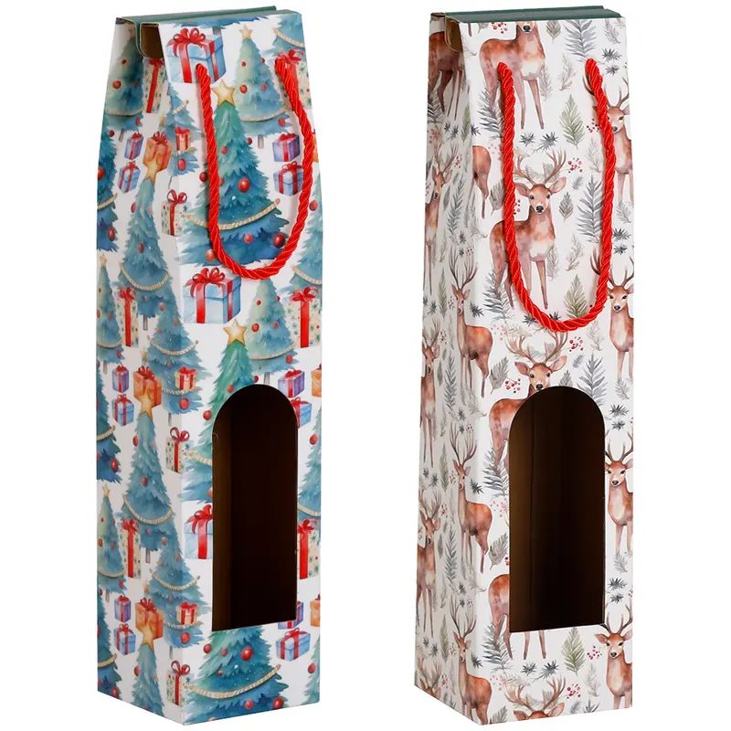 BOLSA SACOLA DE PAPEL JANELA PARA GARRAFA DE VINHO FIGURAS NATALINAS 38,5X9X9CM