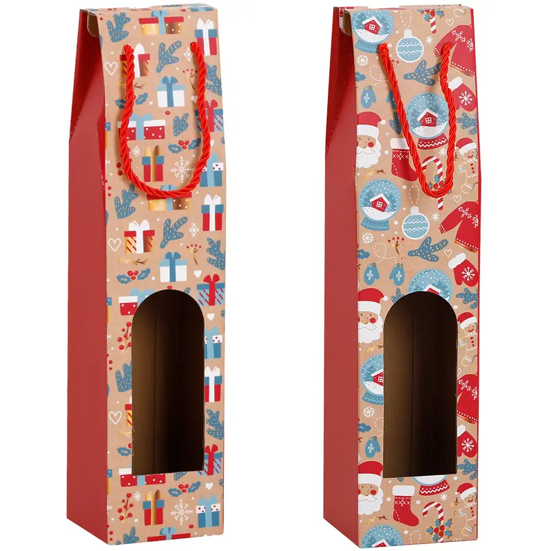 BOLSA SACOLA DE PAPEL JANELA PARA GARRAFA DE VINHO FIGURAS NATALINAS 38,5X9X9CM