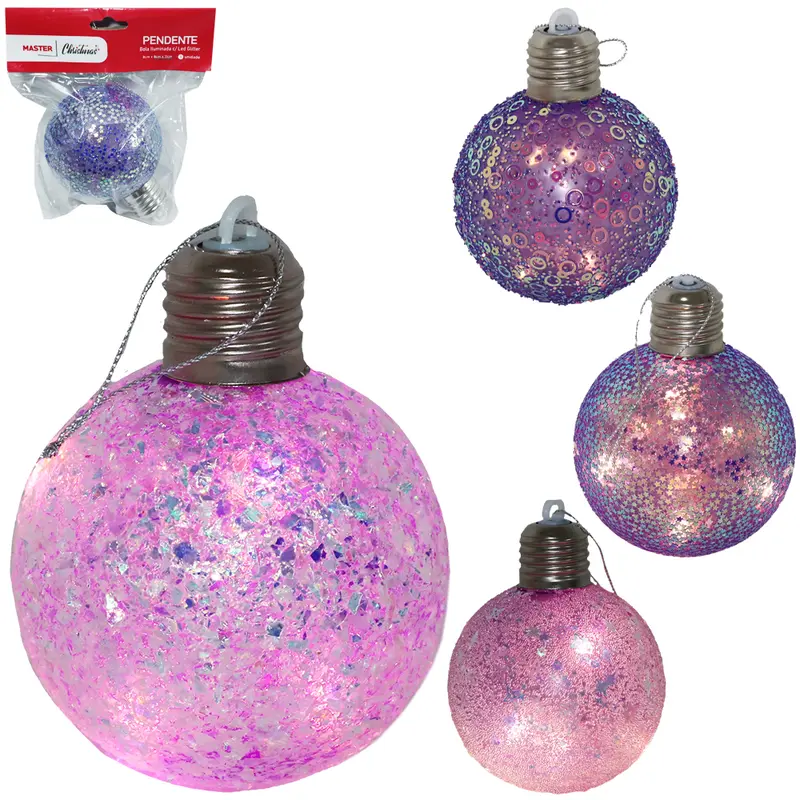 BOLA DE NATAL 8CM DE Ø ROXA LAMPADA ILUMINADA COM LED E GLITER / ESTRELAS