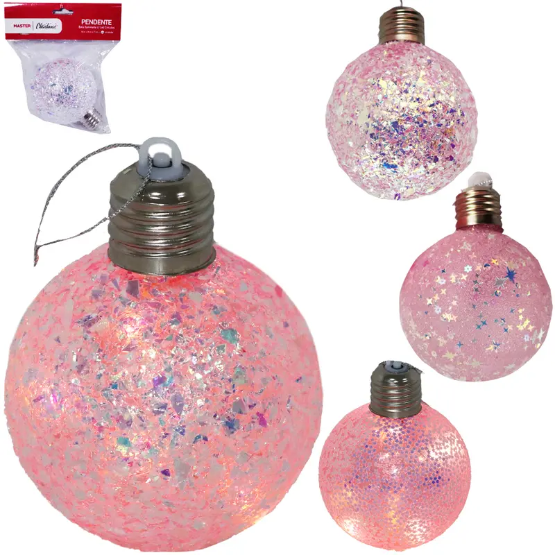 BOLA DE NATAL 8CM DE Ø ROSA LAMPADA ILUMINADA COM LED E GLITER / ESTRELAS