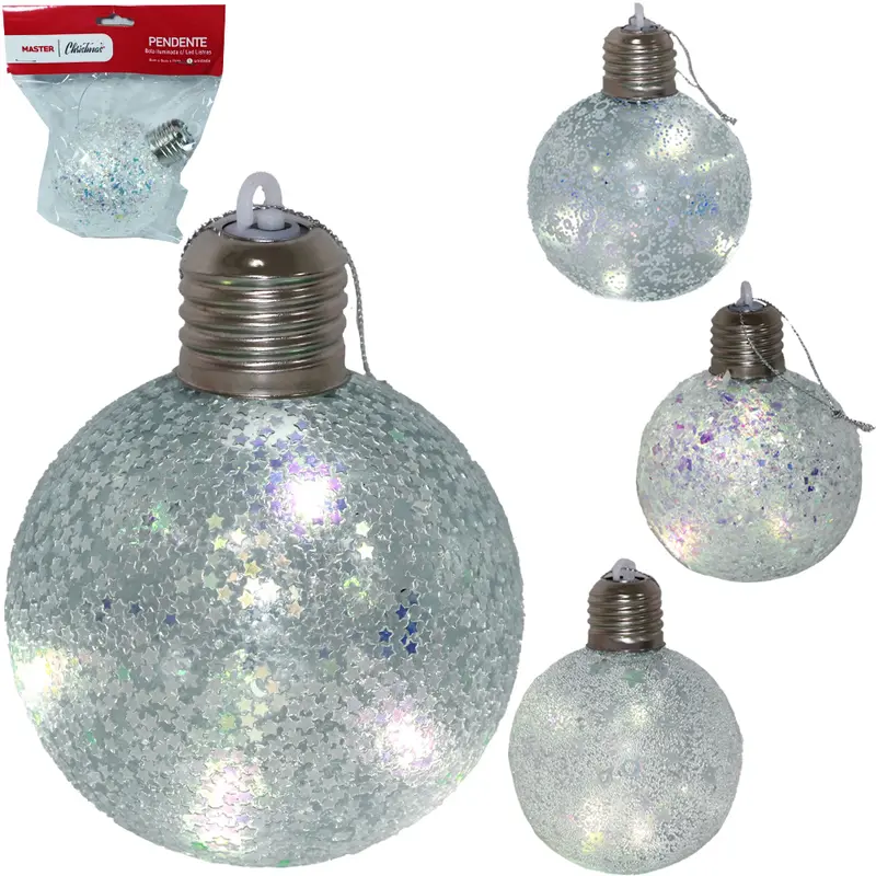 BOLA DE NATAL 8CM DE Ø BRANCA LAMPADA ILUMINADA COM LED E GLITER / ESTRELAS