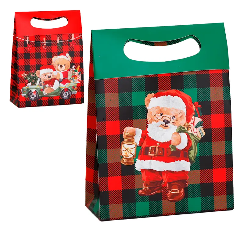 BOLSA SACOLA DE PAPEL PARA PRESENTE XADREZ URSO NATALINO 30X23X8CM
