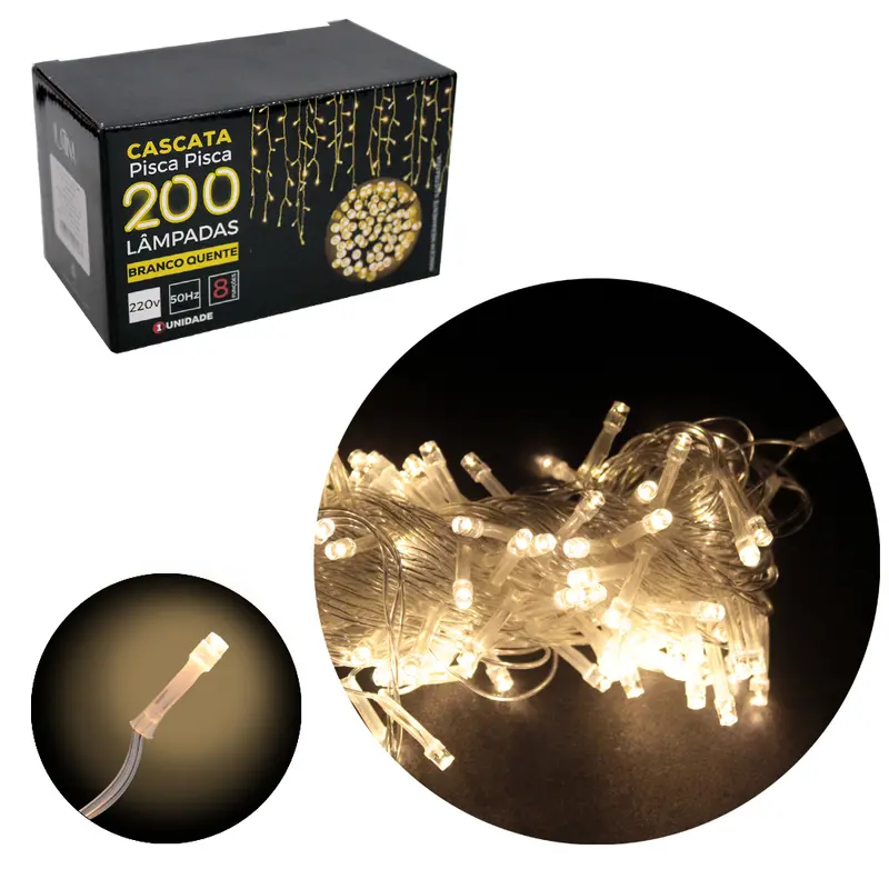 CASCATA 200 LEDS BRANCO QUENTE DE NATAL 220V 50HZ 8 FUNCOES 4,5MX56CM FIO TRANSPARENTE