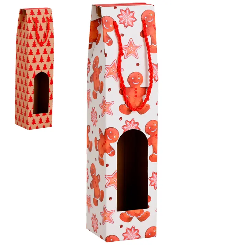 BOLSA SACOLA DE PAPEL JANELA PARA GARRAFA DE VINHO FIGURAS NATALINAS 38,5X9X9CM