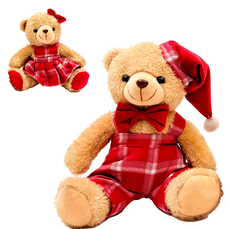 ENFEITE URSO DE PELUCIA XADREZ VERMELHO DE NATAL 20CM