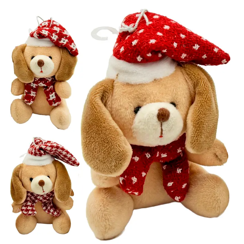 PENDENTE CACHORRO COM GORRO DE PELUCIA DE NATAL 11CM