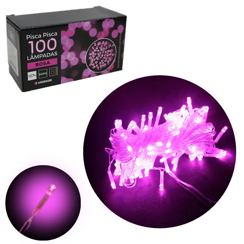 PISCA 100 LEDS ROSA 127V 60HZ 8 FUNCOES 9M FIO TRANSPARENTE DE NATAL