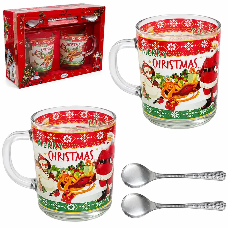 JOGO DE CANECA XICARA DE NATAL DE VIDRO PARA CAFE / CAPPUCCINO + COLHER COM 4 PECAS 250ML NA CAIXA