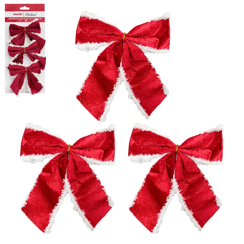 LACO VELUDO VERMELHO DE NATAL COM BORDA BRANCA COM 3 PECAS 10X10CM