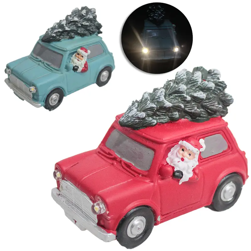CARRO DE RESINA COM PAPAI NOEL E ARVORE E LED A PILHA DE NATAL 8,5X4,5CM