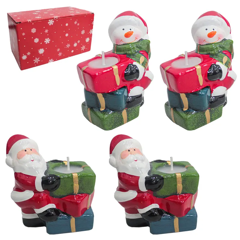 PAPAI NOEL / BONECO DE NEVE CAIXA DE PRESENTE COM VELA DE NATAL COM 4 PECAS 9X6,5CM