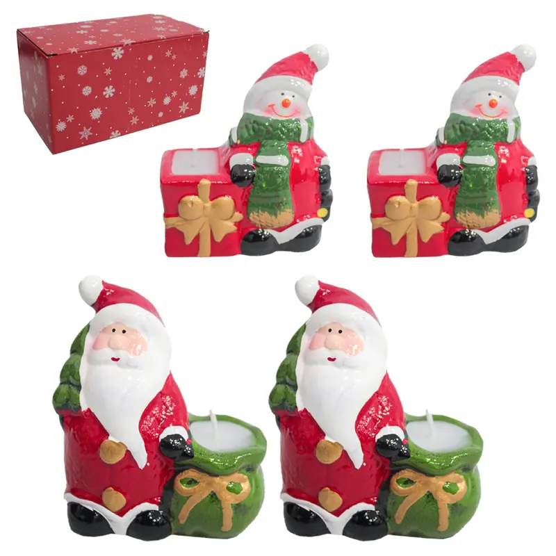 PAPAI NOEL / BONECO DE NEVE CAIXA DE PRESENTE / SACO DE PRESENTE COM VELA DE NATAL COM 4 PECAS 9X7,5CM