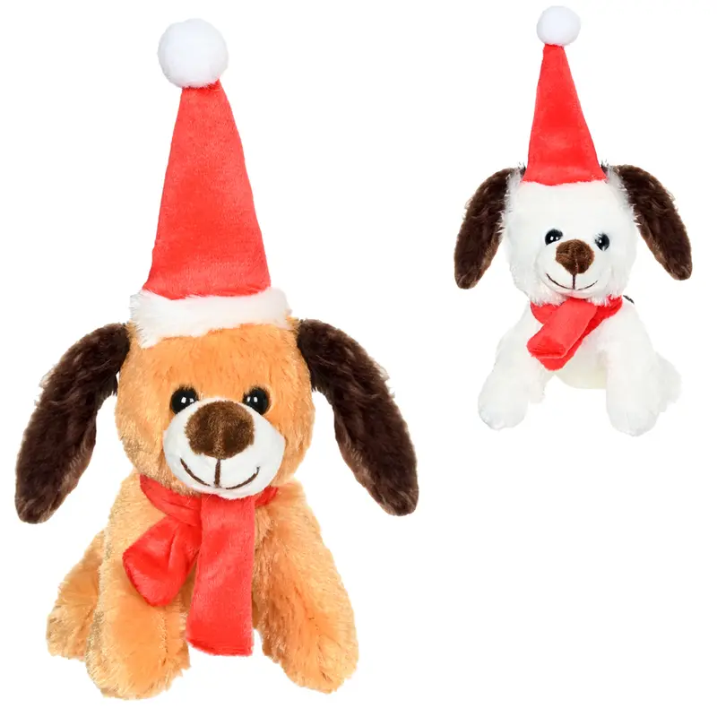ENFEITE CACHORRO DE PELUCIA COM TOUCA + CACHECOL DE NATAL 13CM