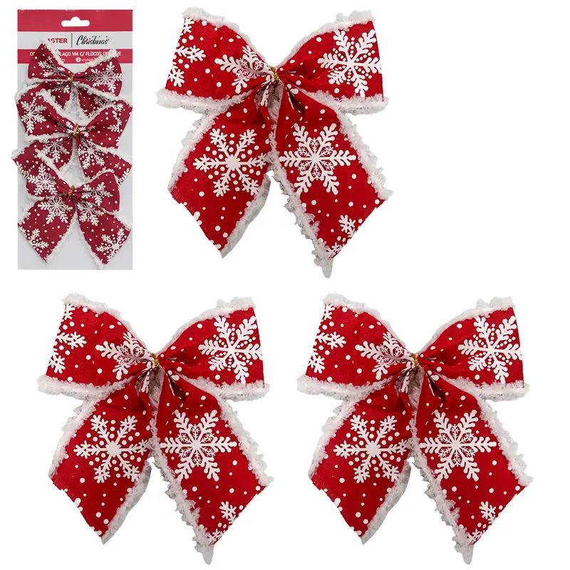 LACO VERMELHO COM FLOCOS DE NENE DE NATAL COM 3 PECAS 12X10CM