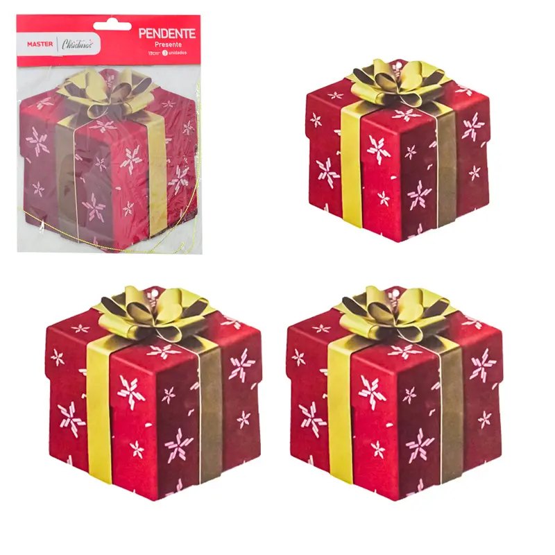 PENDENTE CAIXA CUBO PRESENTE DE NATAL COM 3 PECAS 15CM