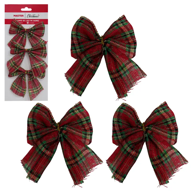 LACO VERMELHO XADREZ DE NATAL COM 3 PECAS 10X10CM