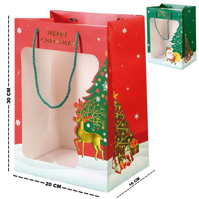 BOLSA SACOLA DE PAPEL JANELA VISOR DE NATAL 30X20X16CM