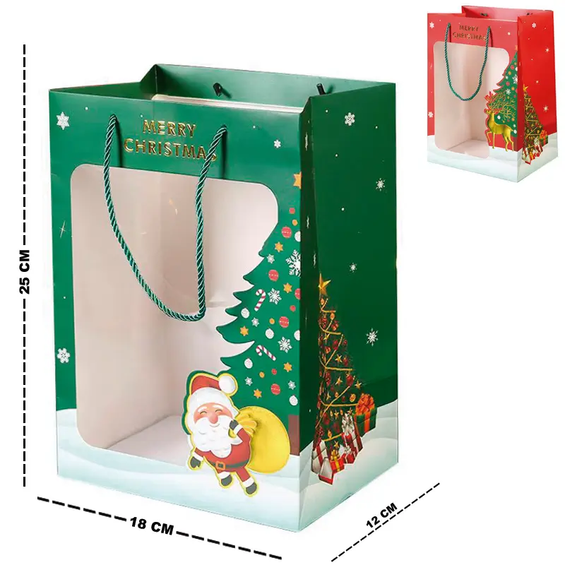 BOLSA SACOLA DE PAPEL JANELA VISOR DE NATAL 25X18X12CM
