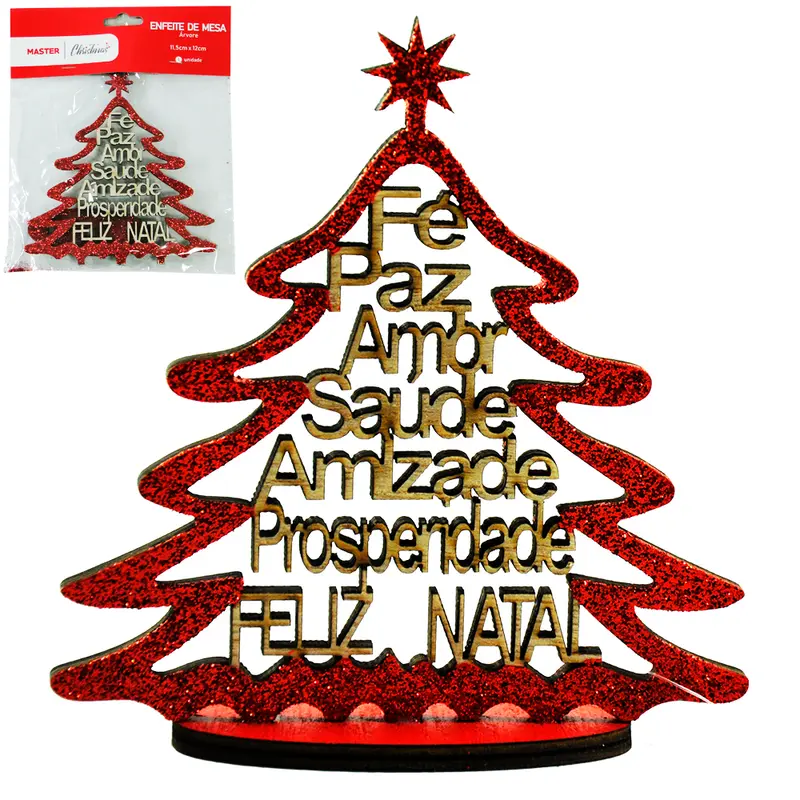 ENFEITE DE MESA DE MADEIRA ARVORE PALAVRAS DE NATAL 12X11,5CM