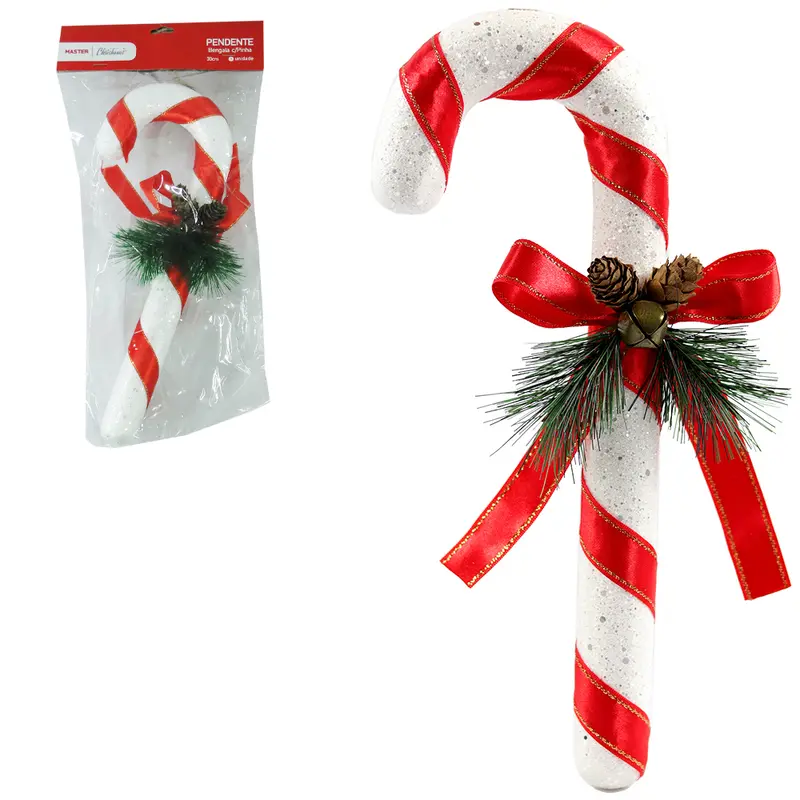 PENDENTE BENGALA COM PINHA + GUIZO DE NATAL 30CM NA SOLAPA