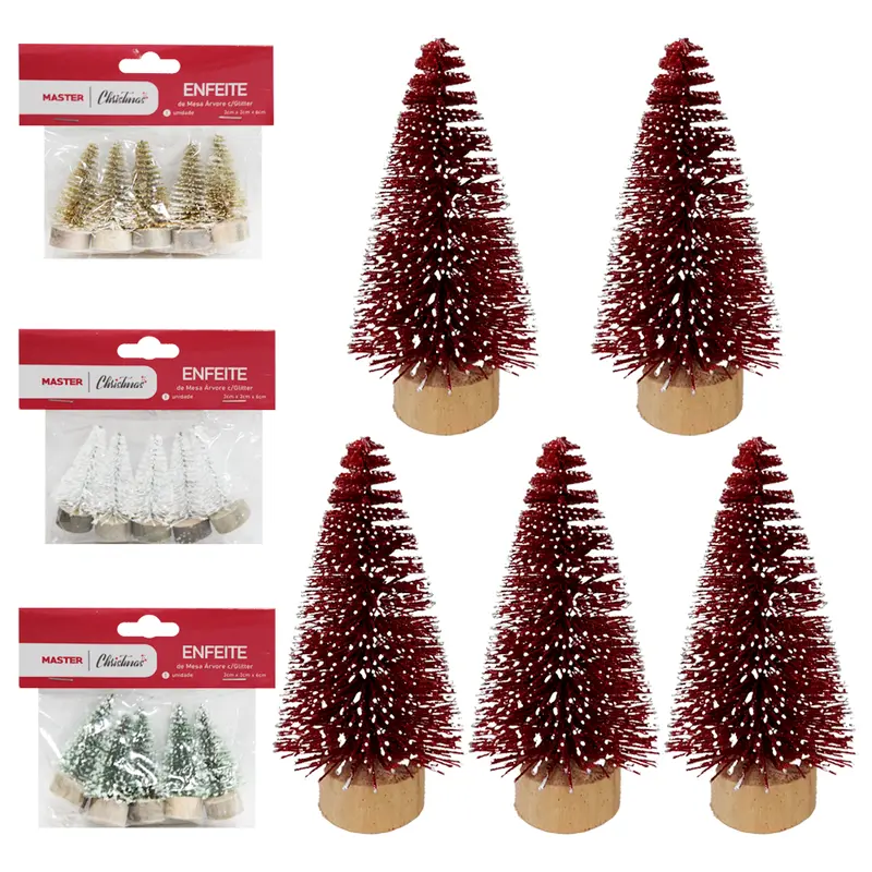 ENFEITE DE MESA MINI ARVORE COM GLITTER COM BASE DE MADEIRA DE NATAL 5 PECAS 6X3CMØ