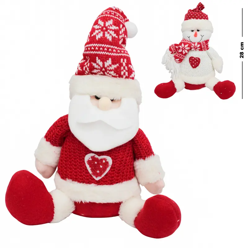 PAPAI NOEL / BONECO DE NEVE DE PELUCIA SENTADO VERMELHO / BRANCO DE NATAL 28CM