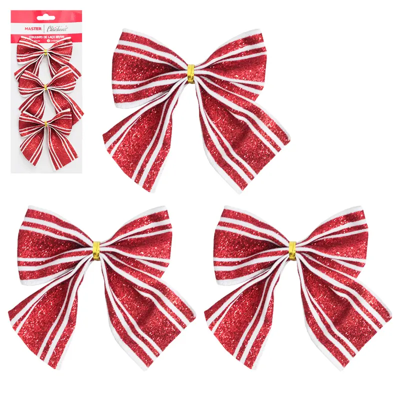 LACO VERMELHO VM/BR COM GLITTER DE NATAL COM 3 PECAS 11X9CM