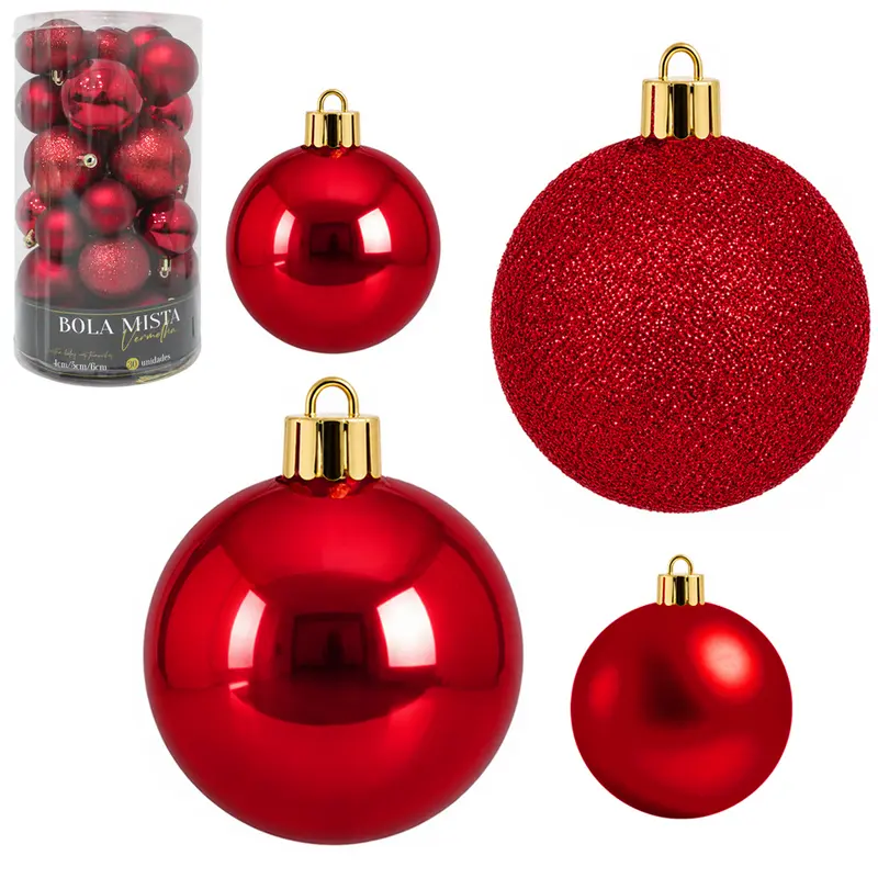 BOLA DE NATAL 4 / 5 / 6CMØ VERMELHA MISTA FOSCA / LISA / GLITTER COM 30 PECAS NO TUBO