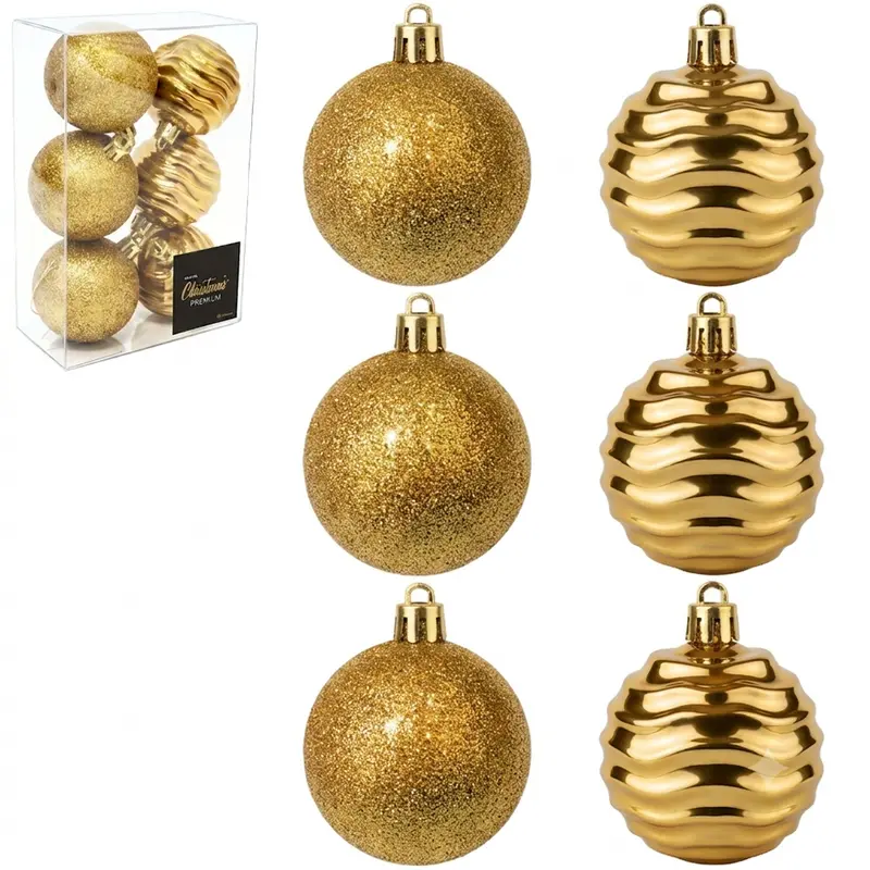BOLA DE NATAL 6CM DE Ø DOURADA GLITTER / ONDULADA PREMIUM CAIXA COM 6 PECAS