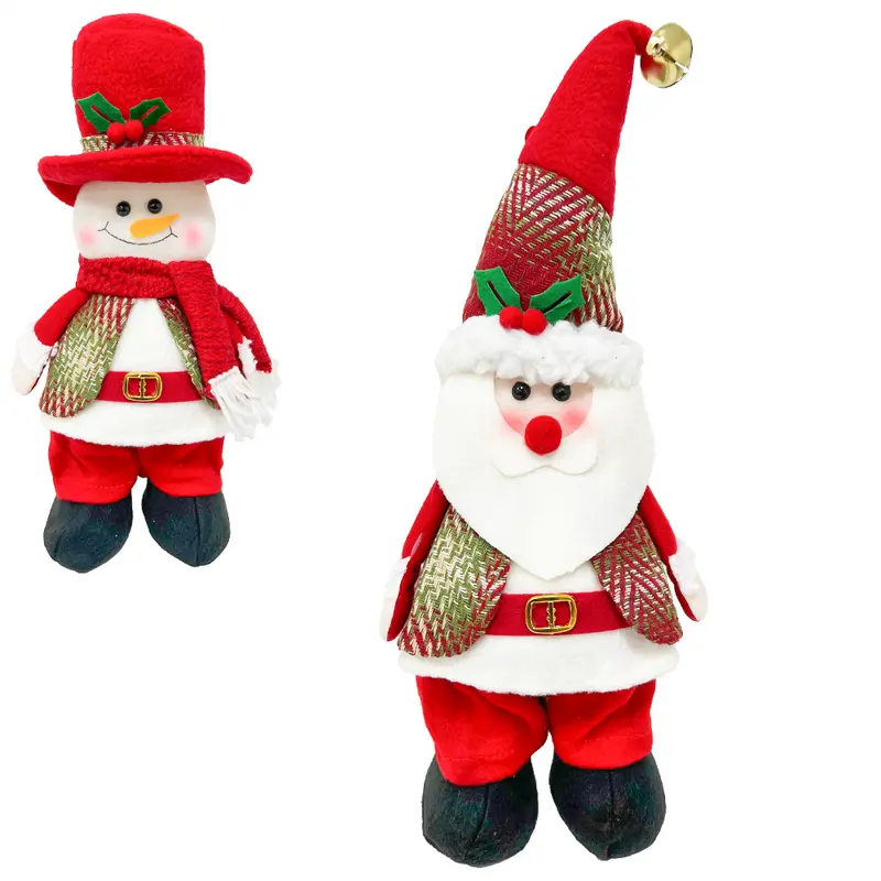 ENFEITE PAPAI NOEL / BONECO DE NEVE FELTRO XADREZ VM COM LED A BATERIA 38X15CM