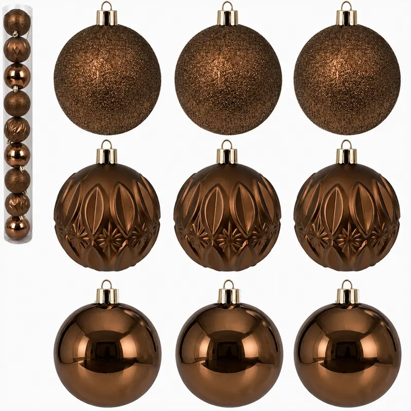 BOLA DE NATAL 6CM DE Ø COBRE MISTA LISA / LOSANGO FOSCA / GLITTER 9 PECAS NO TUBO