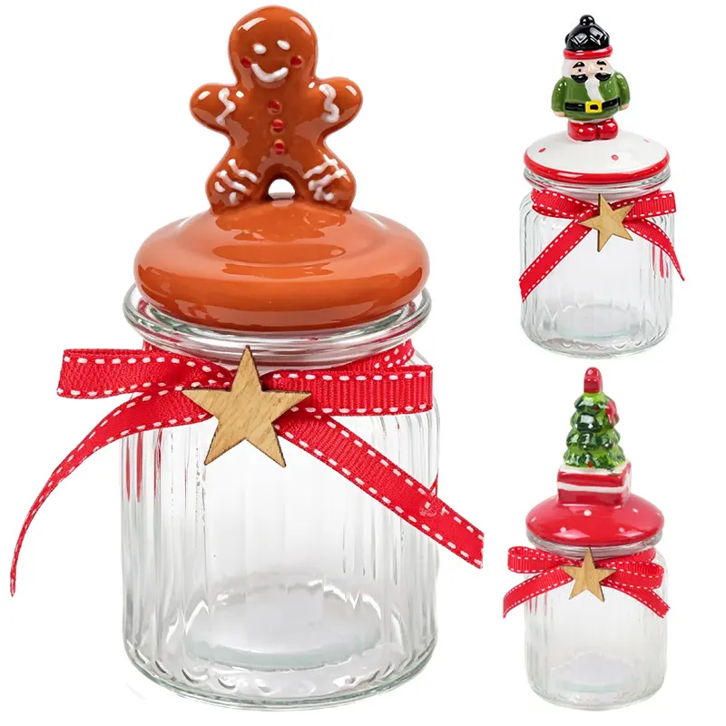 POTE DE VIDRO DE NATAL REDONDO CANELADO COM TAMPA HERMETICA DE PORCELANA 550ML