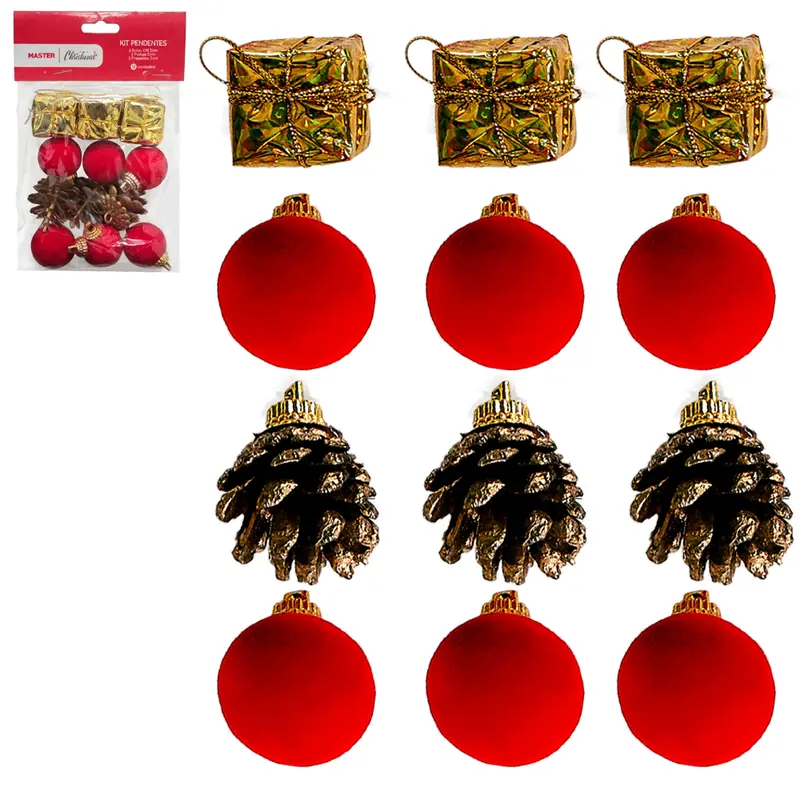 KIT PENDENTE COM 6 BOLAS CAMURCA + 3 PINHAS E 3 CAIXA PRESENTE