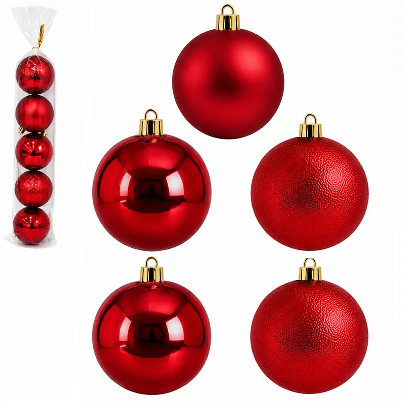 BOLA DE NATAL 8CM DE Ø VERMELHA MISTA BRILHO / FOSCA / TEXTURADA PACOTE COM 5 PECAS
