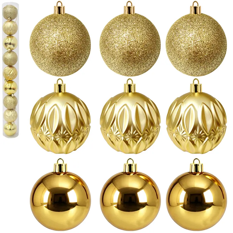 BOLA DE NATAL 6CM DE Ø DOURADA MISTA LISA / LOSANGO FOSCA / GLITTER 9 PECAS NO TUBO