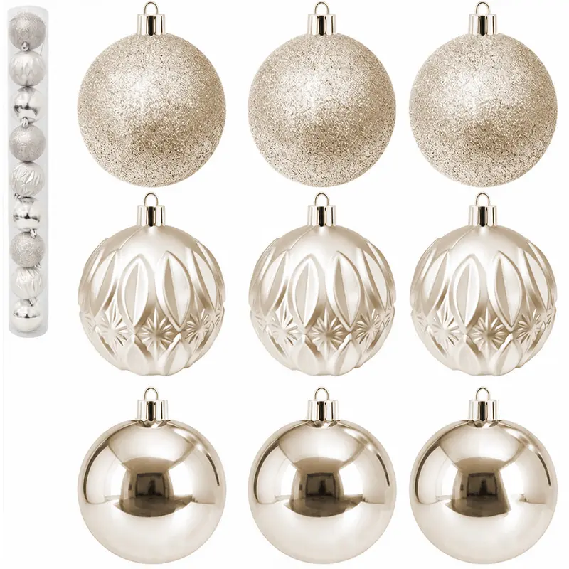 BOLA DE NATAL 6CM DE Ø CHAMPANHE MISTA FOSCA / LISA / GLITTER COM 9 PECAS NO TUBO