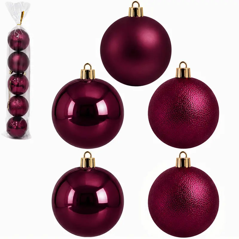 BOLA DE NATAL 8CM DE Ø VINHO MISTA BRILHO / FOSCA / TEXTURADA BORGONHA PACOTE COM 5 PECAS
