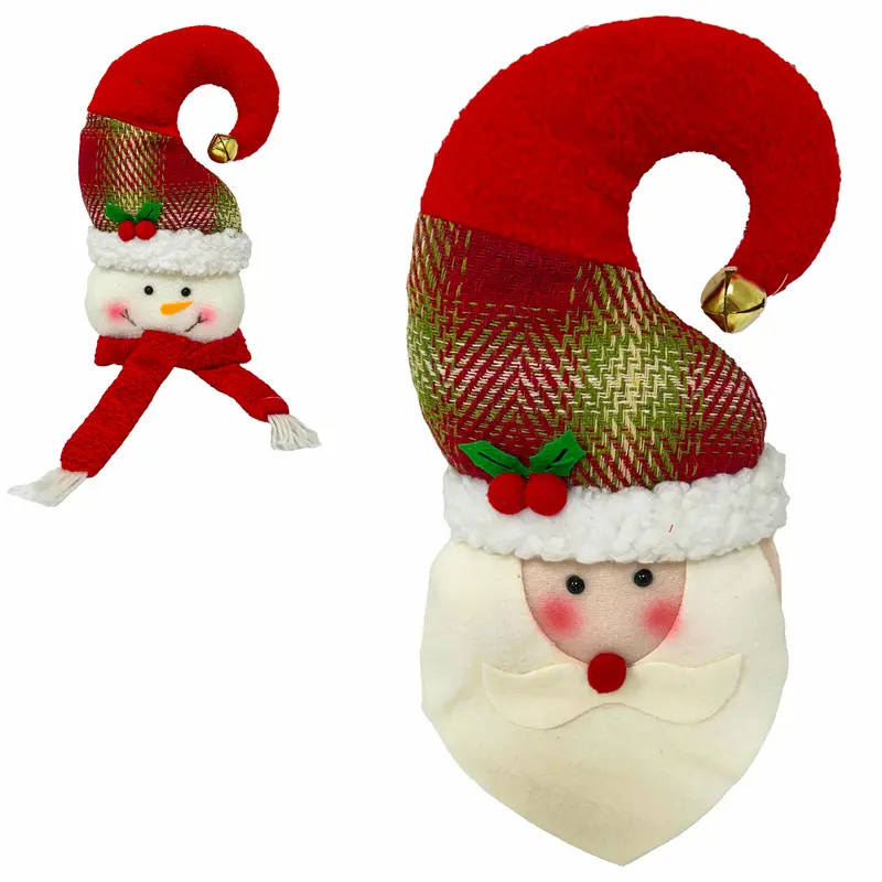 ENFEITE PENDURAR PAPAI NOEL / BONECO DE NEVE XADREZ VM COM GUIZO + LED A BATERIA 33X18CM
