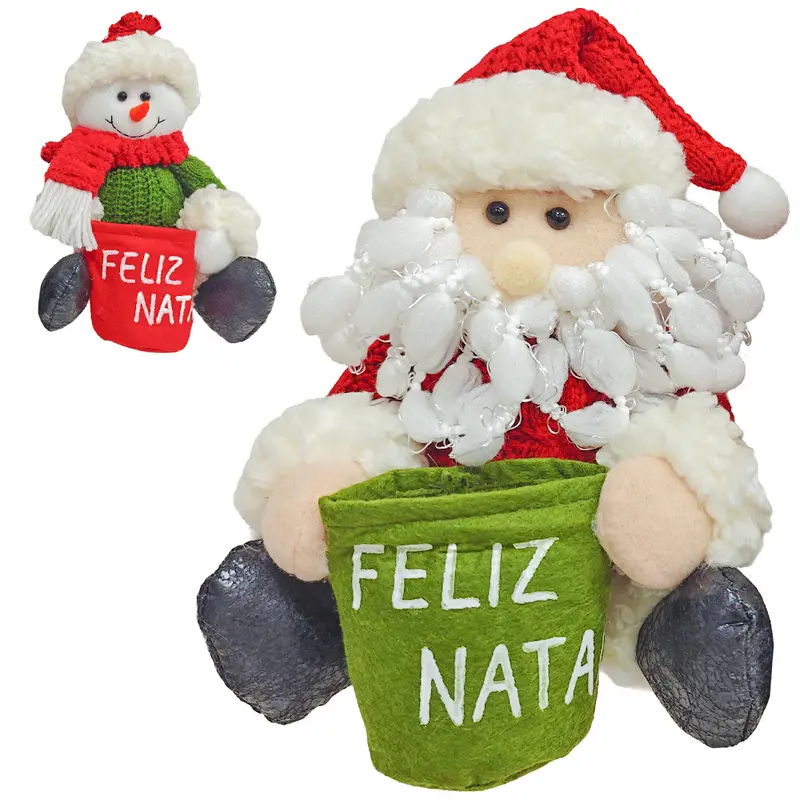 ENFEITE PAPAI NOEL / BONECO DE NEVE SENTADO COM SACO FELIZ NATAL VD / VM 22X17CM