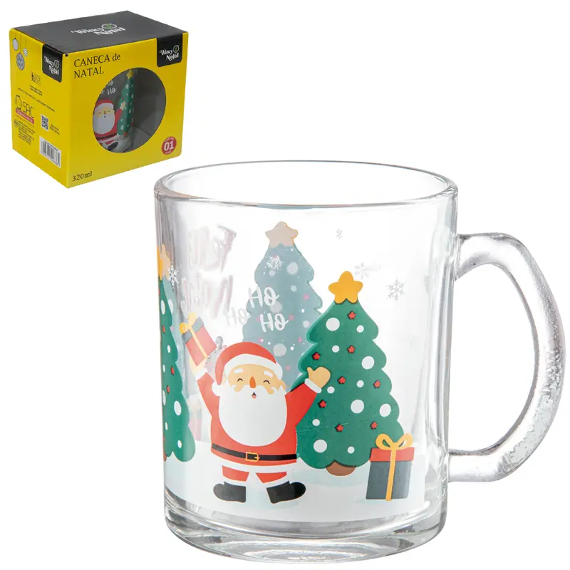 CANECA XICARA DE NATAL DE VIDRO 320ML