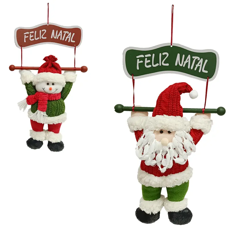 ENFEITE PAPAI NOEL / BONECO DE NEVE DE PELUCIA COM PLACA FELIZ NATAL VD / VM 45X29CM